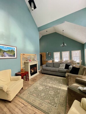 Smart TV, fireplace, DVD player, foosball