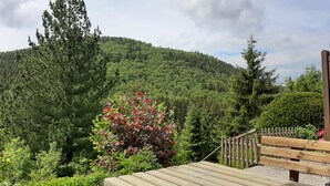 Una terraza de madera con vistas a una montaña boscosa.