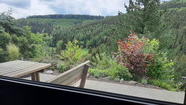 Una terraza de madera con un banco que da a un valle boscoso.