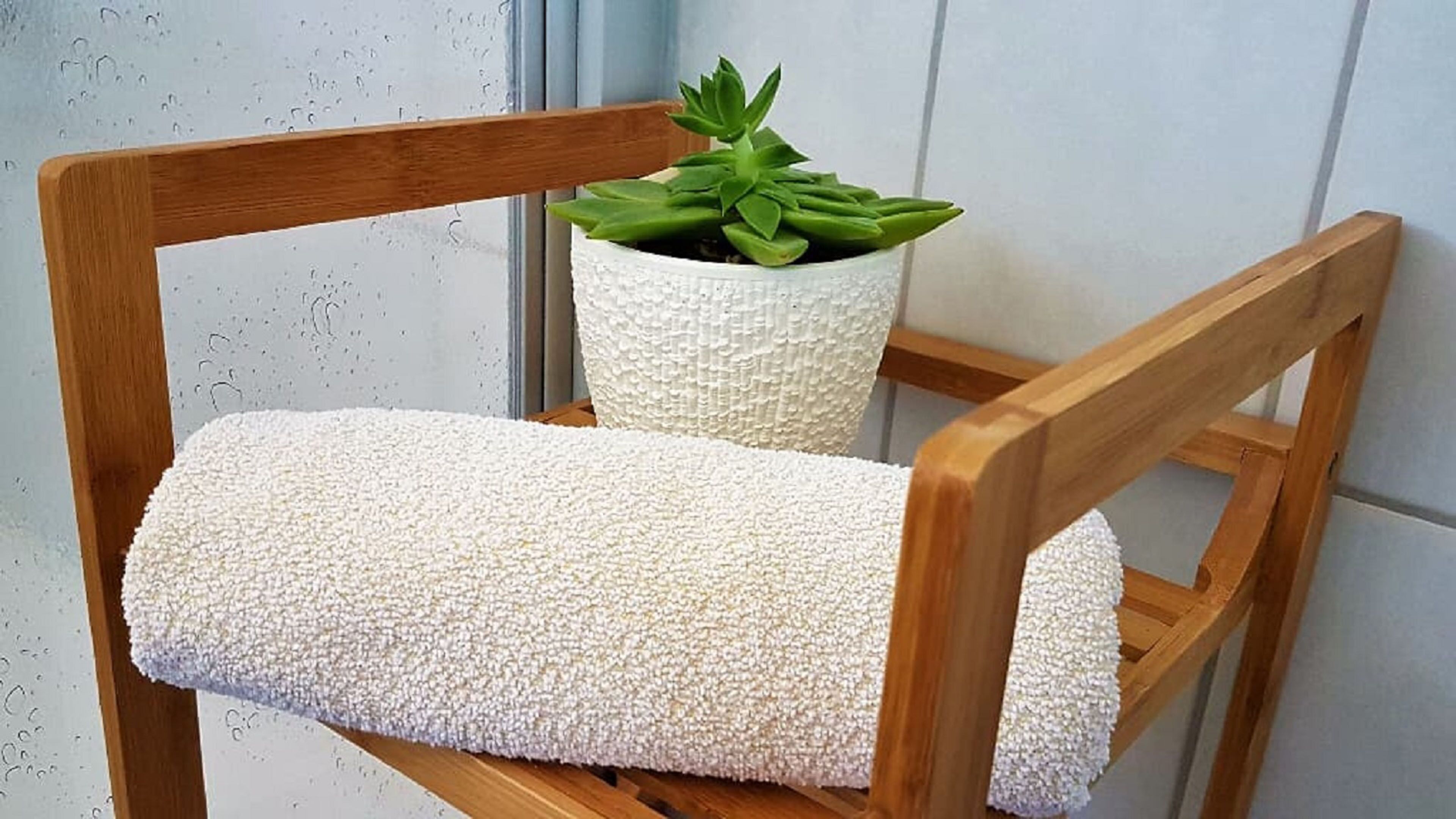 Een houten stoel met een wit geweven kussen en een pot met een vetplant.
