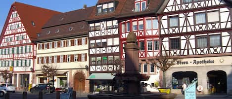 A traditional European town square with half-timbered buildings, a fountain, and a sign for 'Stern - Apotheke'.