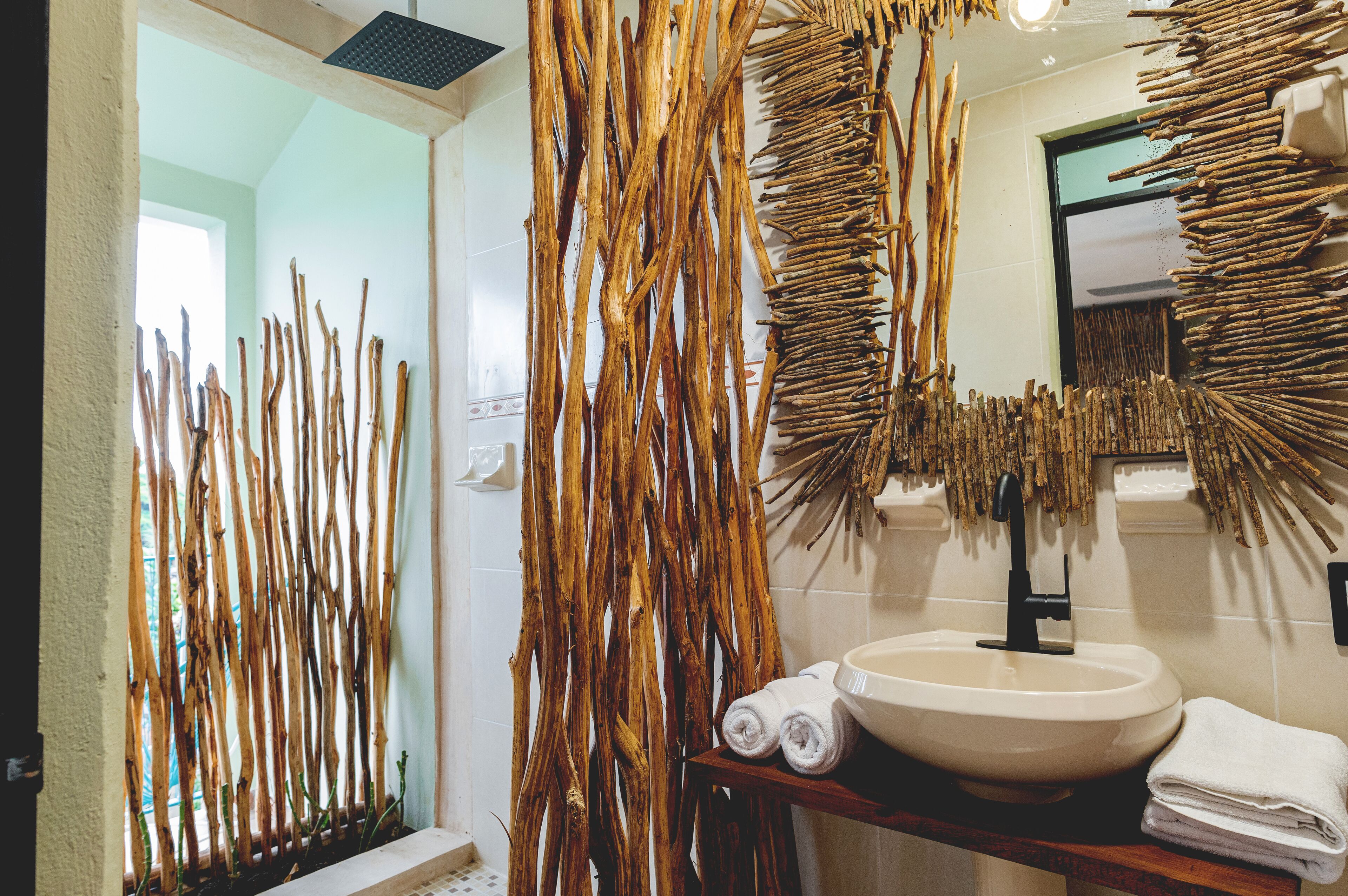 design double room, multiple beds, terrace, garden view | bathroom | shower, rainfall showerhead, free toiletries, towels