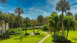 A well-maintained garden with a curved pathway, palm trees, and neatly trimmed hedges. - SunnyMar Retreat Beach Access • Heated Pool • Near Historic Bridge Street (Longboat Key)
