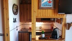 A compact kitchen with wooden cabinets, a sink, a small countertop with a kettle, and a framed picture of a mountain scene.