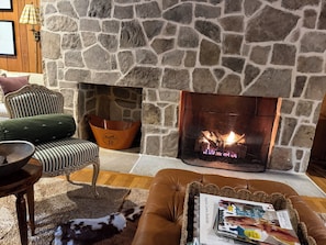 A stone fireplace with a fire, a green striped armchair, a brown leather sofa, and a dog.