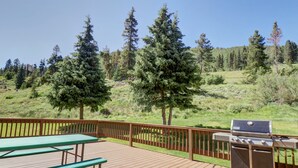 Una terraza de madera con mesas de picnic y una parrilla, con vistas a una zona boscosa.