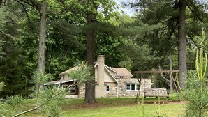 A stone house with a chimney, surrounded by dense trees and a grassy yard. - Rustic Lodge near Black Moshannon & Penn State (Philipsburg)