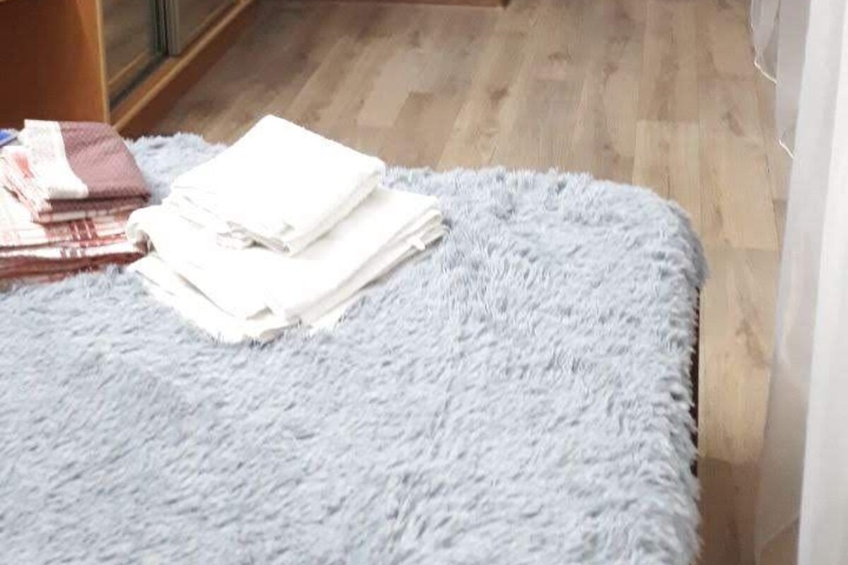 A room with a wooden wardrobe, a door with a 'no smoking' sign, and a blue furry rug on the floor.