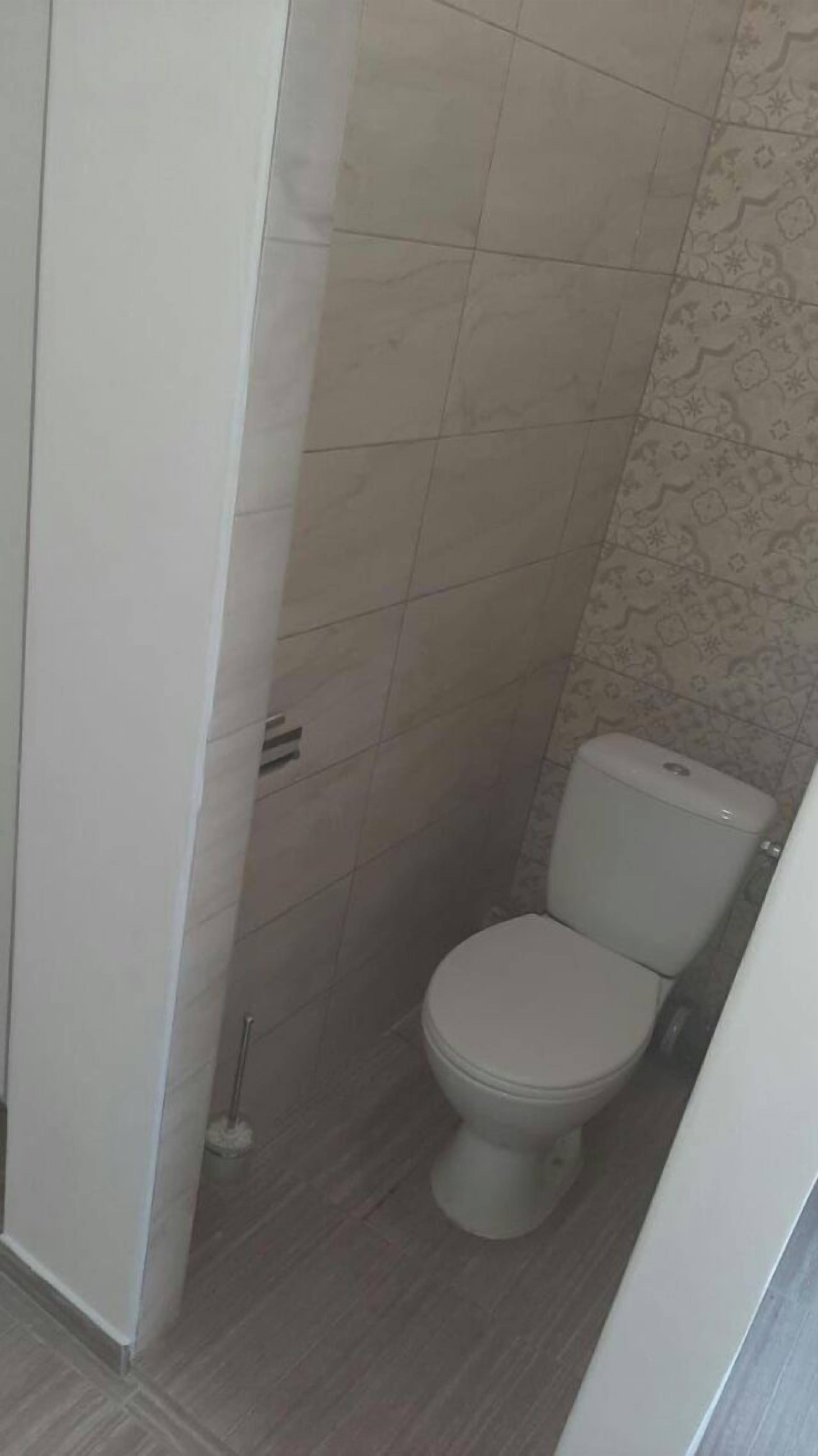 Un baño pequeño y estrecho con inodoro, un dispensador de papel higiénico en la pared y una escoba para el suelo.