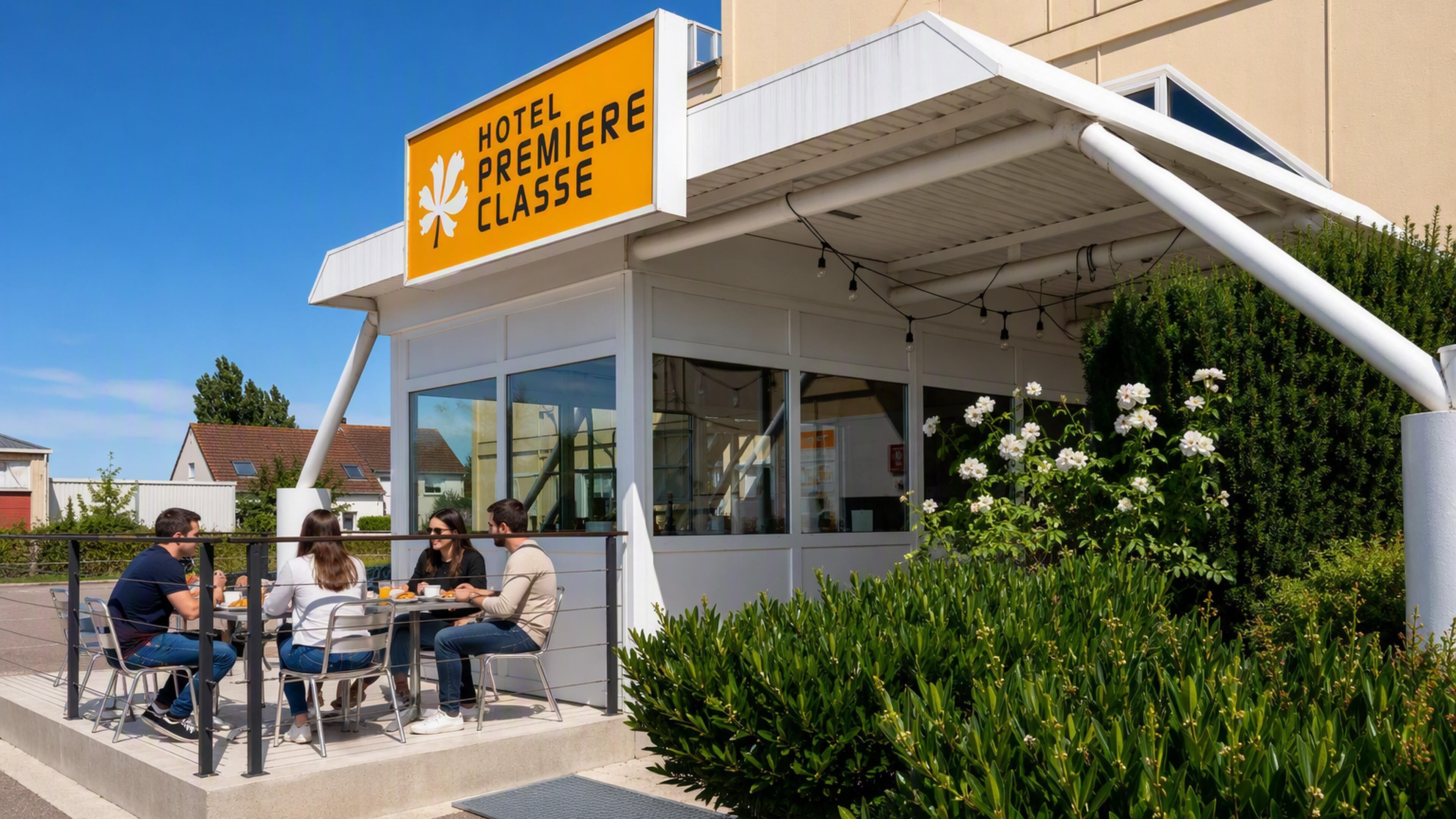 A hotel exterior with a sign reading 'HOTEL PREMIERE CLASSÉ'. There are outdoor seating areas with tables and chairs.