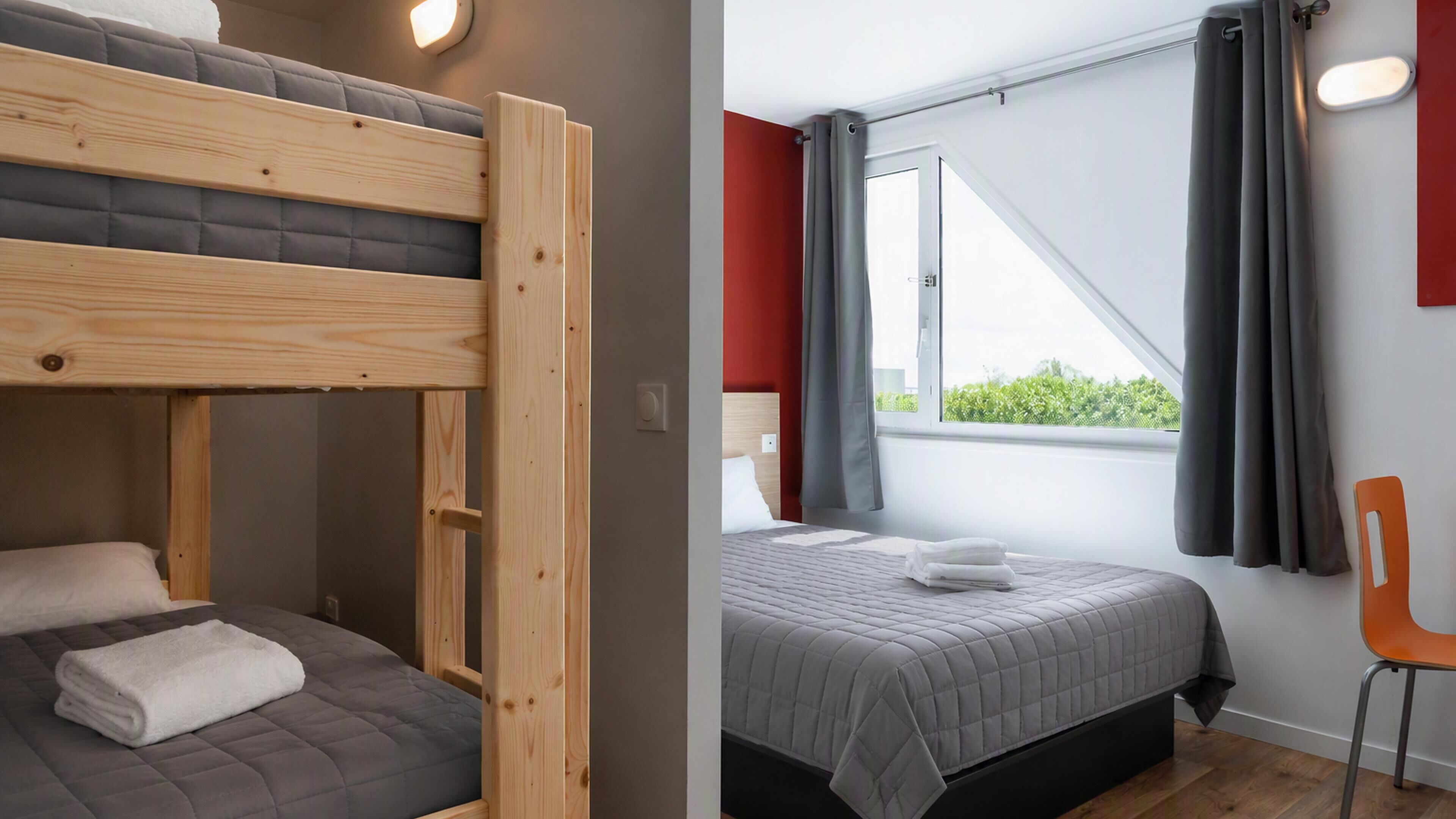 A room with a bunk bed, a single bed, a chair, and a window with curtains.