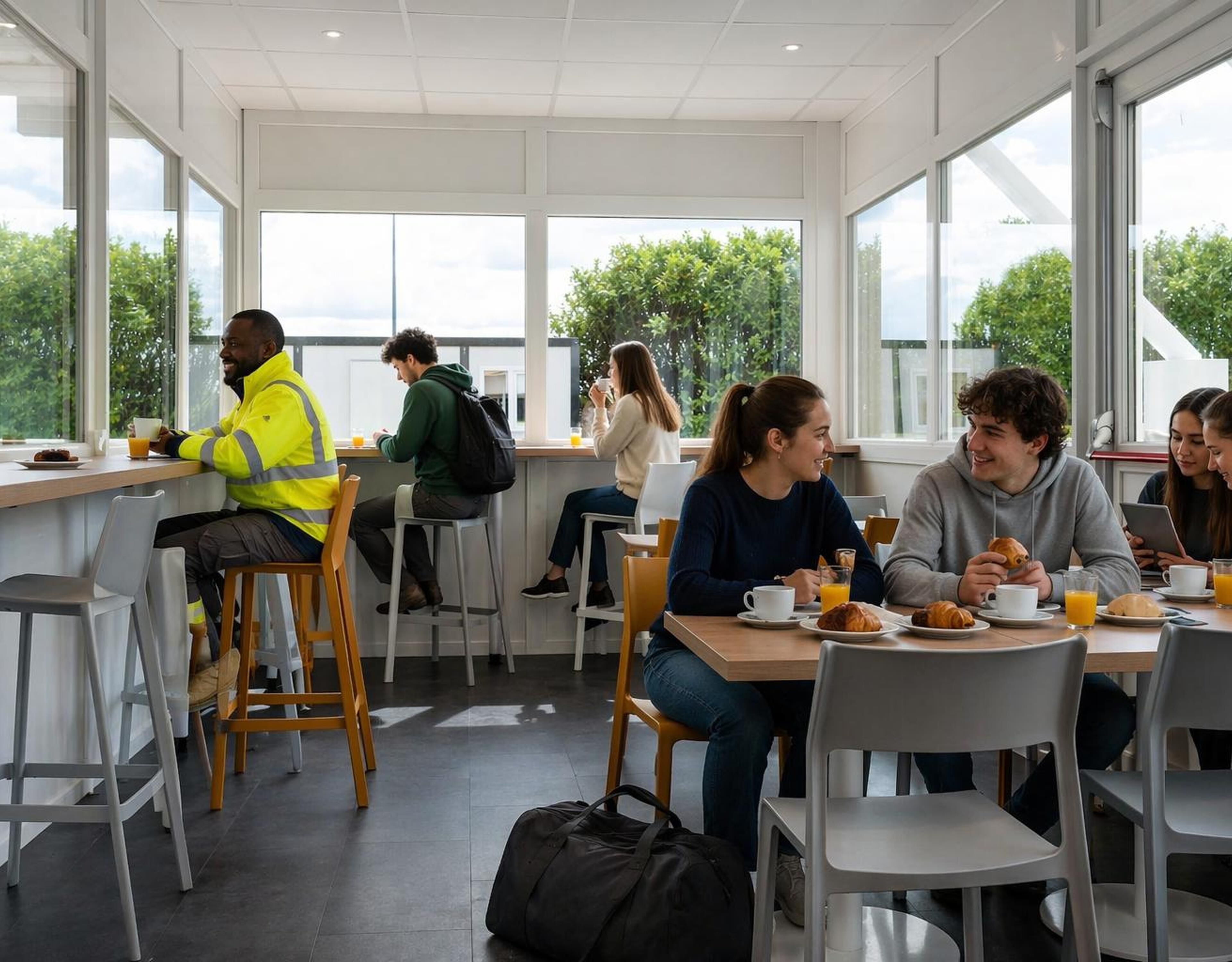 Zona pranzo moderna con ampie finestre, sedie alte e tavoli apparecchiati per la colazione.