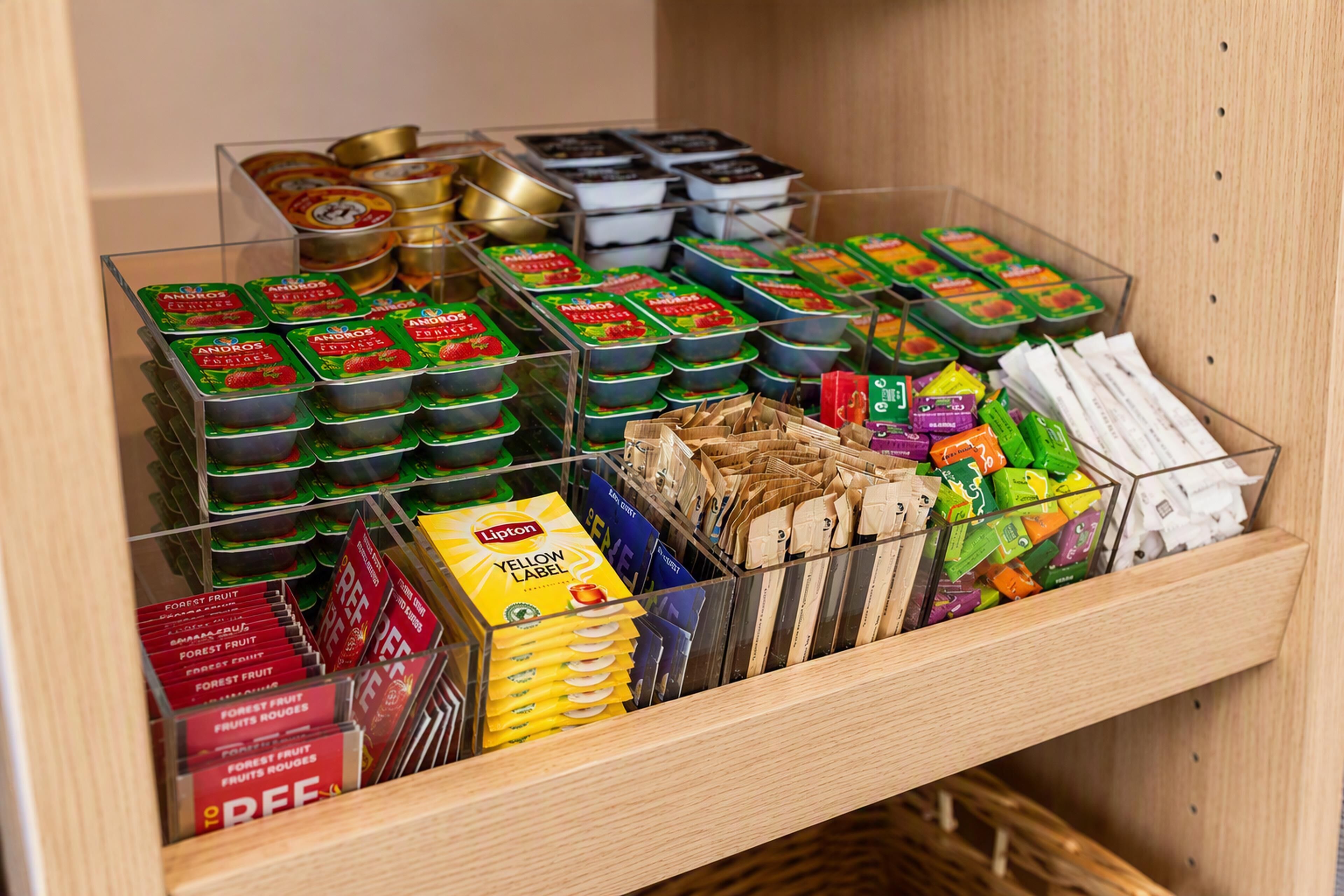 A variety of packaged food items neatly organized in a wooden cabinet.