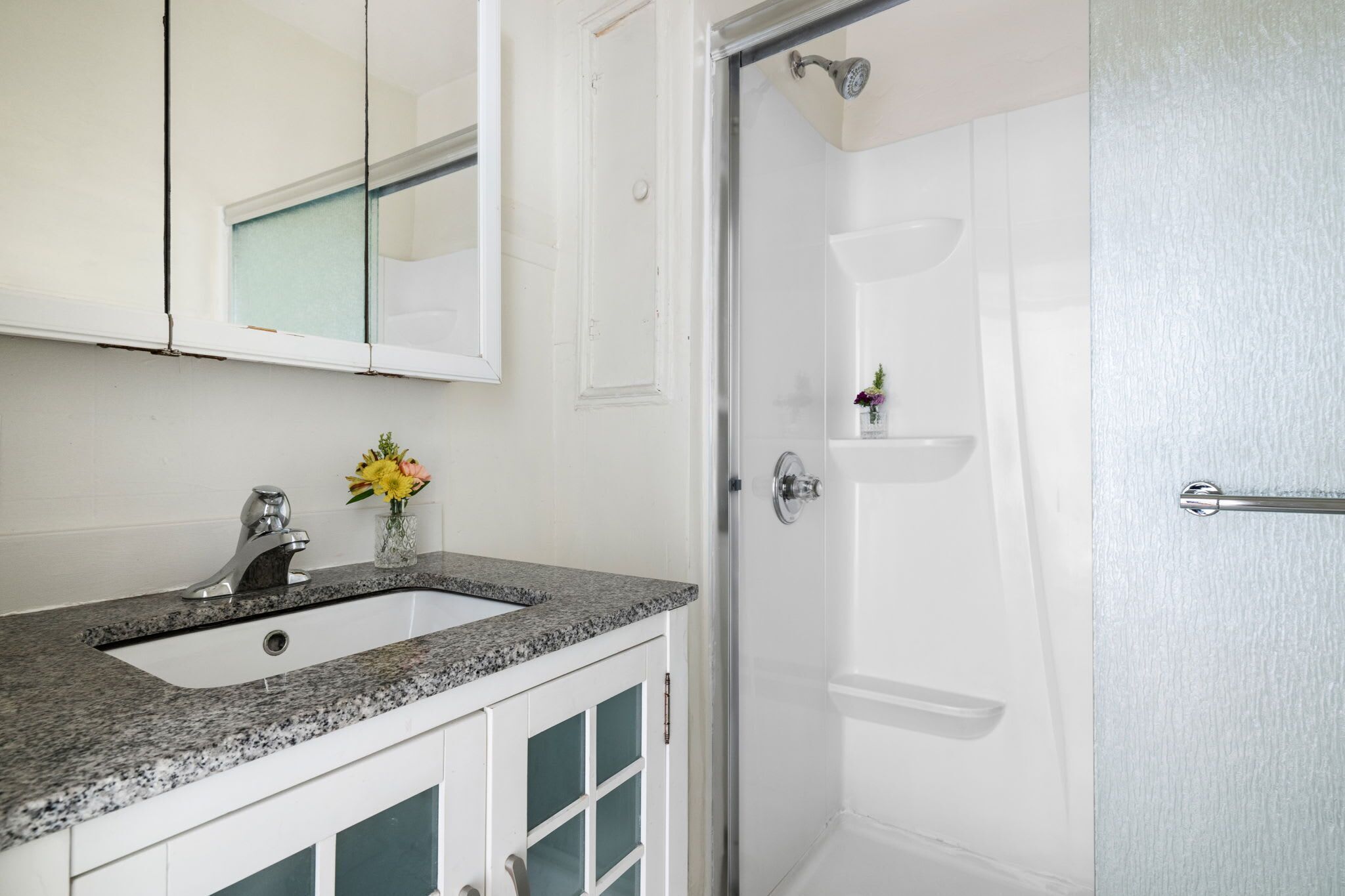 A bathroom with a granite countertop sink, a mirror above it, and a shower area with a glass door.