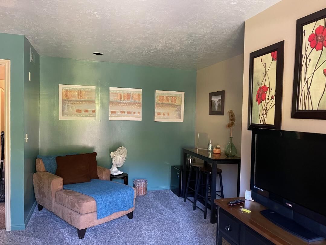 A bedroom with a bed, a desk, a TV, and artwork on the walls.