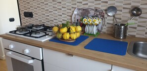 Kühlschrank, Ofen, Herdplatte, Wasserkocher mit Kaffee-/Teezubehör