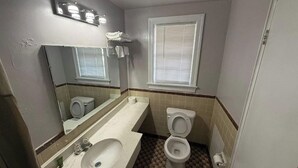 A bathroom with a sink, toilet, and mirror.
