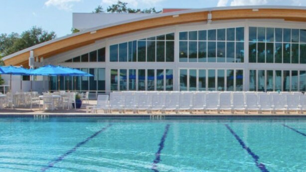 A modern building with a curved roof and large windows, adjacent to a swimming pool with lounge chairs and umbrellas. - Newly renovated, large deck, backs onto large pond (Sarasota)