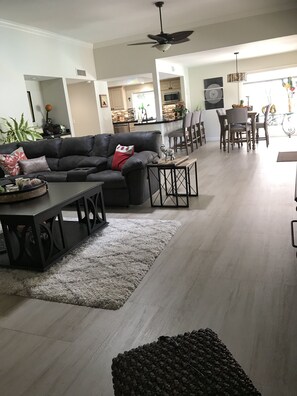 Smart TV, fireplace, DVD player, books