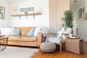 Smart TV, caminetto, lettore DVD, libri