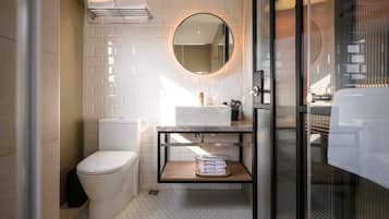A modern bathroom with a white toilet, a sink with a mirror above it, and a shower area.
