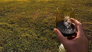 Une main tenant un verre de vin Casale Chiesina, avec en arrière-plan un paysage offrant une vue panoramique sur un terrain de golf et des montagnes.