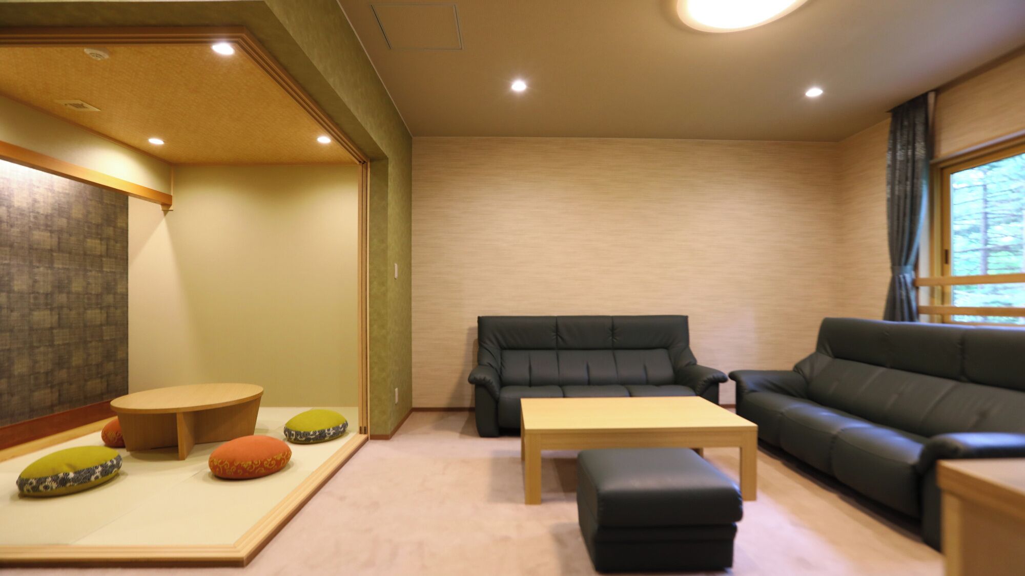 A living room with a sofa, a coffee table, and cushions.