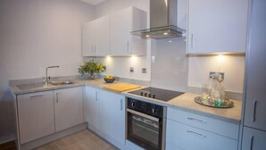 A modern kitchen with a stainless steel sink, a stove, an oven, and a countertop with a bowl and plant. - Stylish 2-Bed Apartment Near Glasgow Green (Glasgow City)