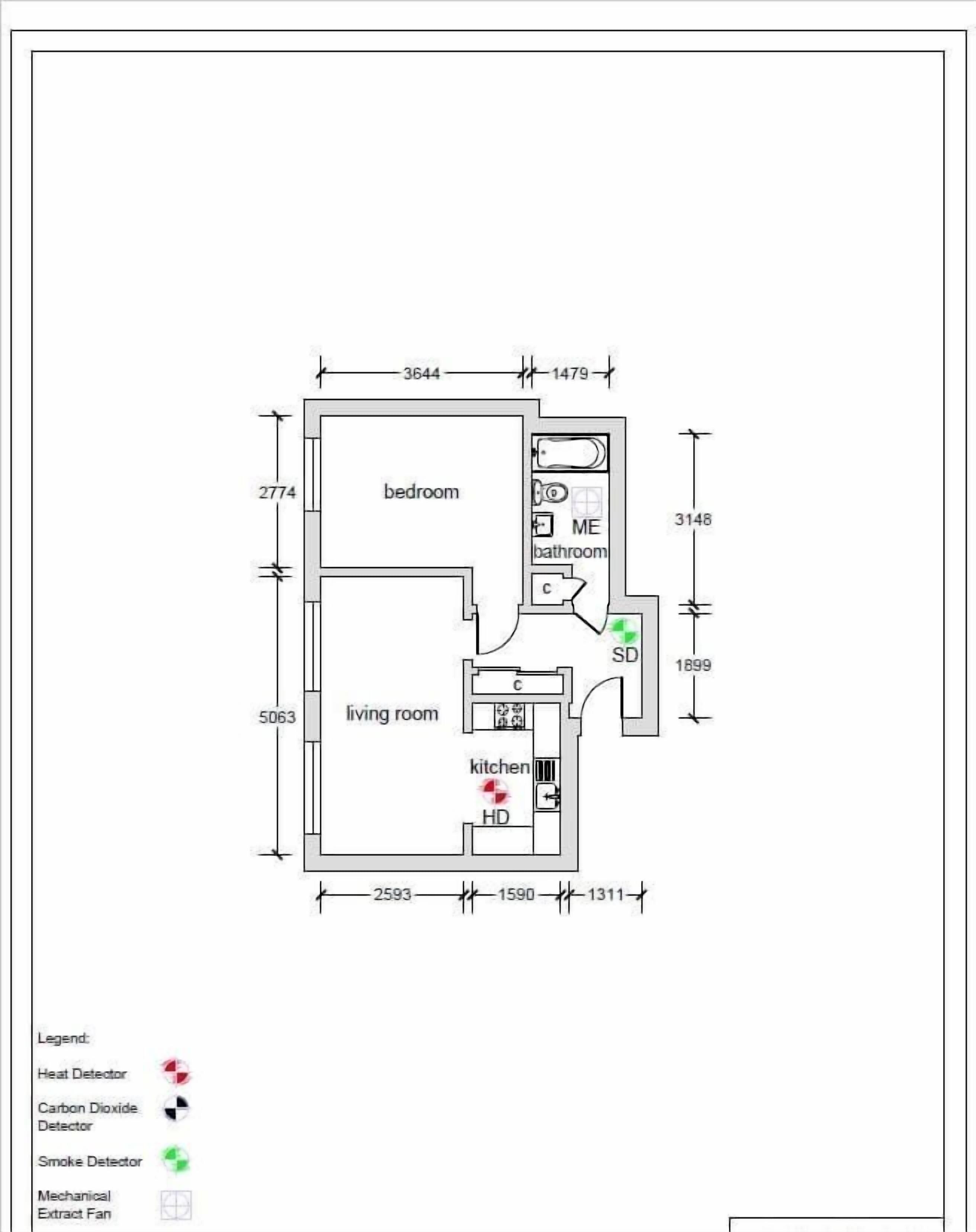 A floor plan with a bedroom, living room, and kitchen. It includes a bathroom with a heat detector, carbon dioxide detector, and smoke detector.