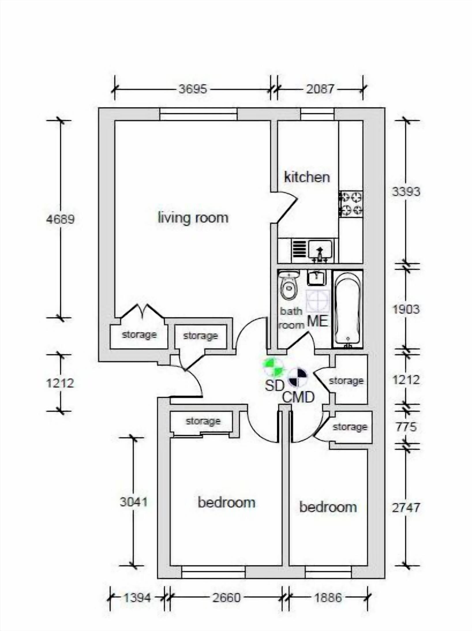 Un plan d’étage d’une maison comprenant un salon, une cuisine, deux chambres et une salle de bain.