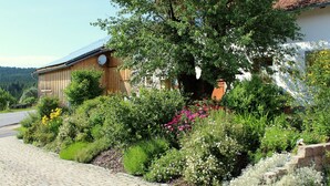 A wooden house with a garden in front, a paved driveway, and a satellite dish on the roof. - Woidhaisl (Lam)