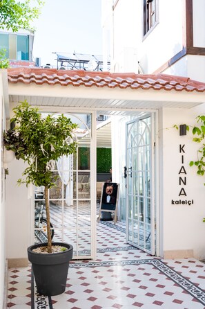 A potted tree in front of a building entrance with a tiled floor and a glass door.