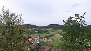 A grassy area with flower beds and a view of a village in the distance. - Ferienwohnung Quednau (Grafenau)