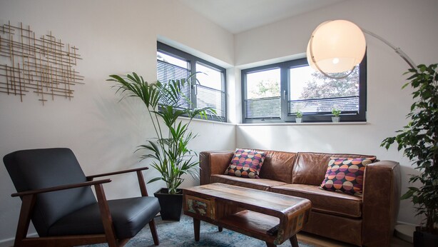 A modern living room with a leather sofa, a wooden coffee table, a black armchair, and a large potted plant. - Ferienwohnung Happyliving (Winterberg)