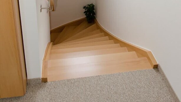 Una escalera estrecha con tragaluz, peldaños alfombrados y una planta pequeña en la parte inferior.