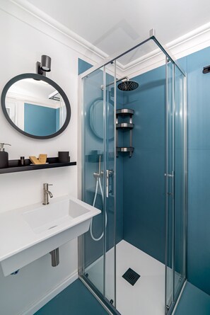 Shower, hair dryer, bidet, towels