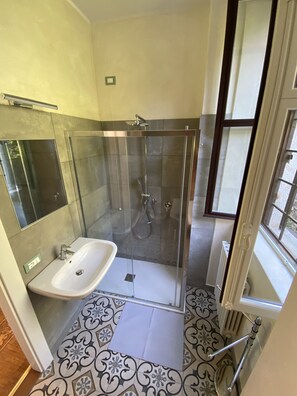 Shower, hair dryer, bidet, towels
