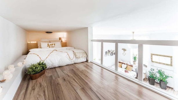 A bedroom with a large bed, a window with a view, and a plant on the floor. - APT in Alb. nad Orlici by Michal&Friends (Albrechtice nad Orlicí)