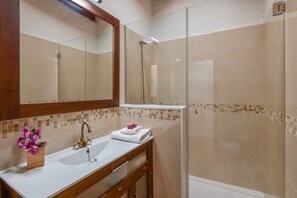 Shower, hair dryer, towels - Rustic Holiday Home "Casa Rural Tamia" with Terrace and Mountain View, Wi-Fi (Tao)