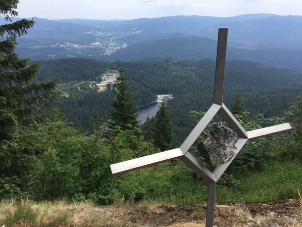 Un point de vue en montagne, doté d’une structure métallique, entouré d’une forêt dense, avec un lac visible au loin.