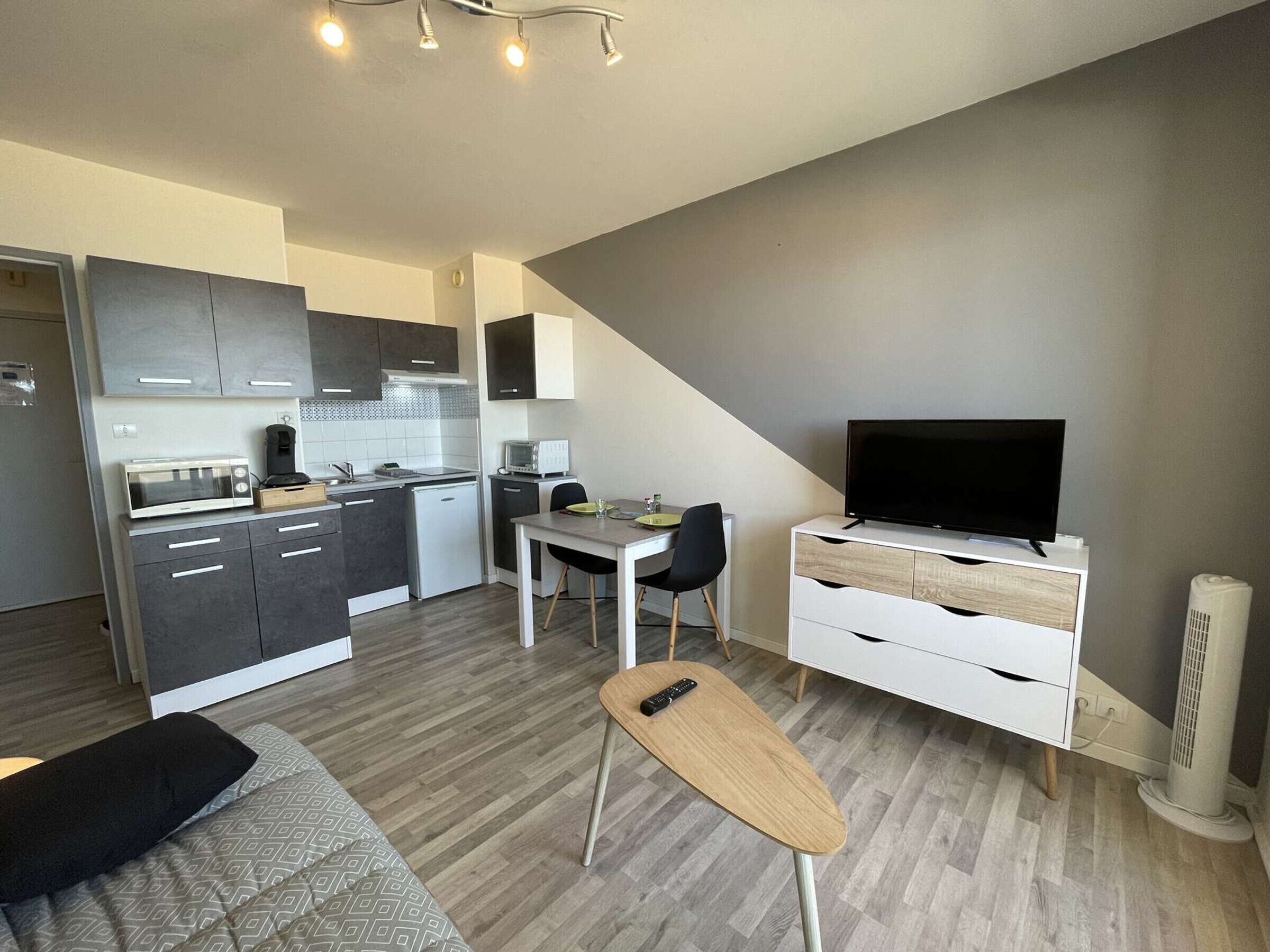 A compact living space with a kitchenette, a dining area, a TV, and a sofa.