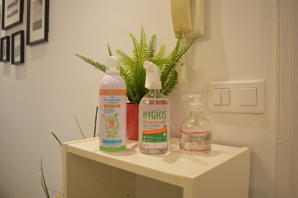 A bathroom counter with three bottles of hand sanitizer and a potted plant. - Beautiful 2-bedroom apartment - 63 m² - 50 m from the RER A station (Bussy-Saint-Georges)