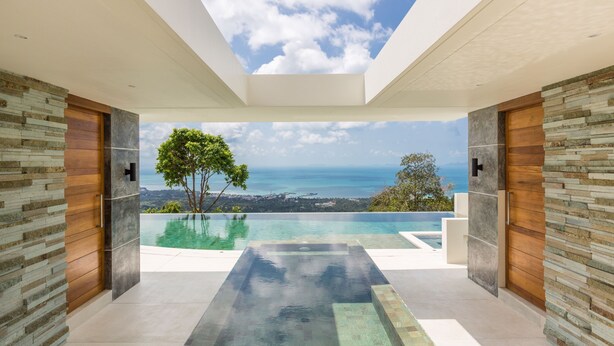 En modern infinitypool med fri utsikt över havet och ett träd i bakgrunden.