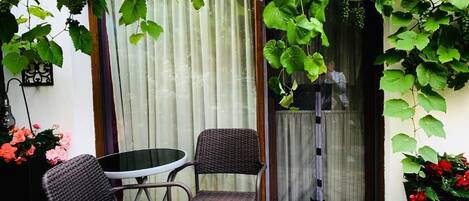 Un patio con dos sillas de mimbre, una mesa y un gato sentado junto a un gran ventanal corredizo.