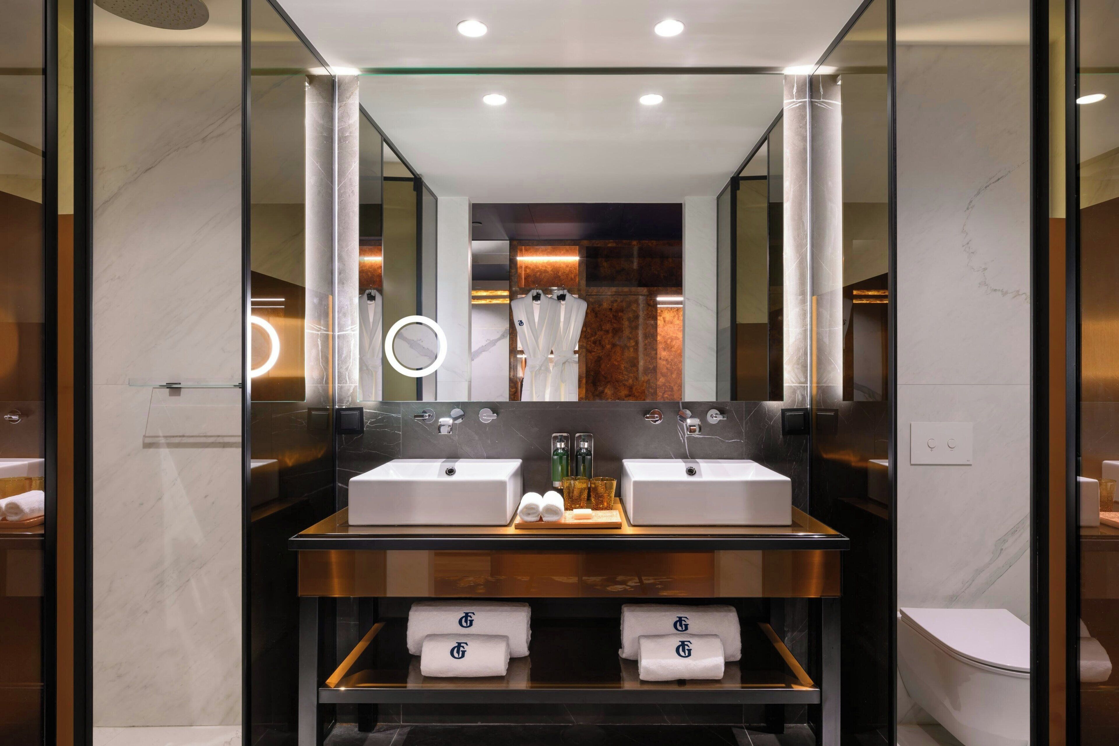 shower, rainfall showerhead, hair dryer, bathrobes