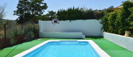 A rectangular swimming pool with clear blue water, surrounded by a white wall and green artificial turf.