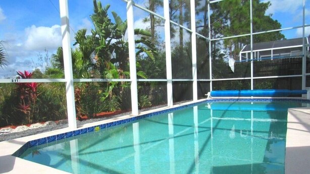 A clear blue pool with a white deck, surrounded by lush tropical plants and a glass enclosure. - Ref 43 Family Villa With own Pool Near Disney (Kissimmee)