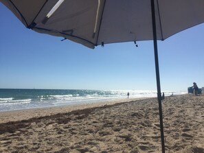 En la playa, camastros y toallas de playa 