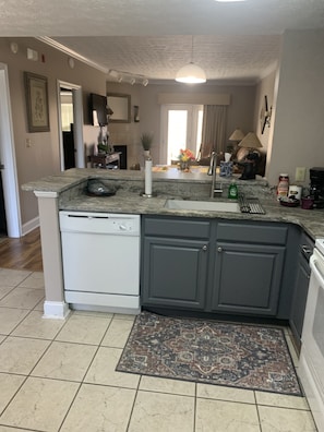 A kitchen with a built-in dishwasher, dark gray cabinets, a granite countertop, and a patterned rug.