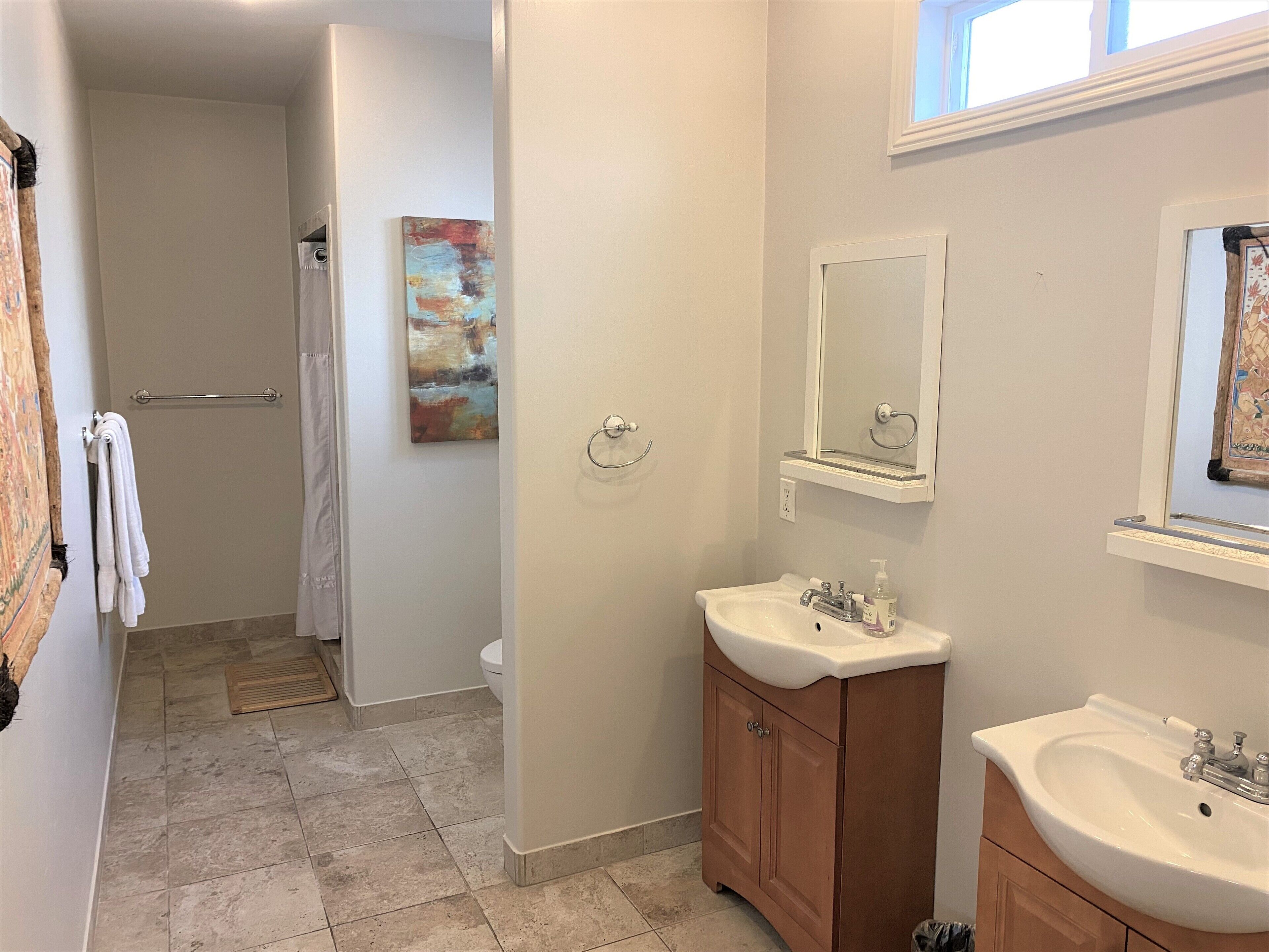 A bathroom with a shower, a sink, and a toilet.